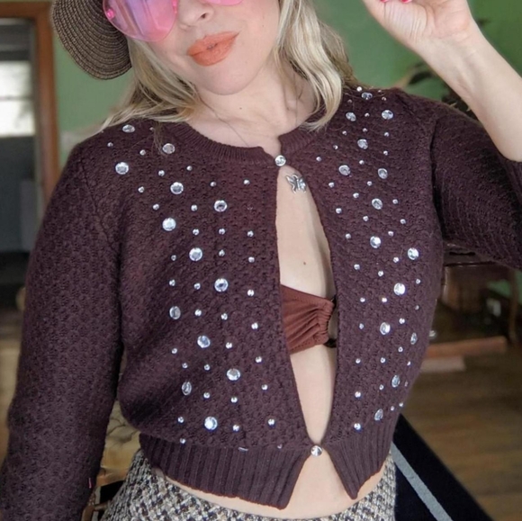 Y2K Brown Rhinestone Cardigan sweater - Picture 5 of 5